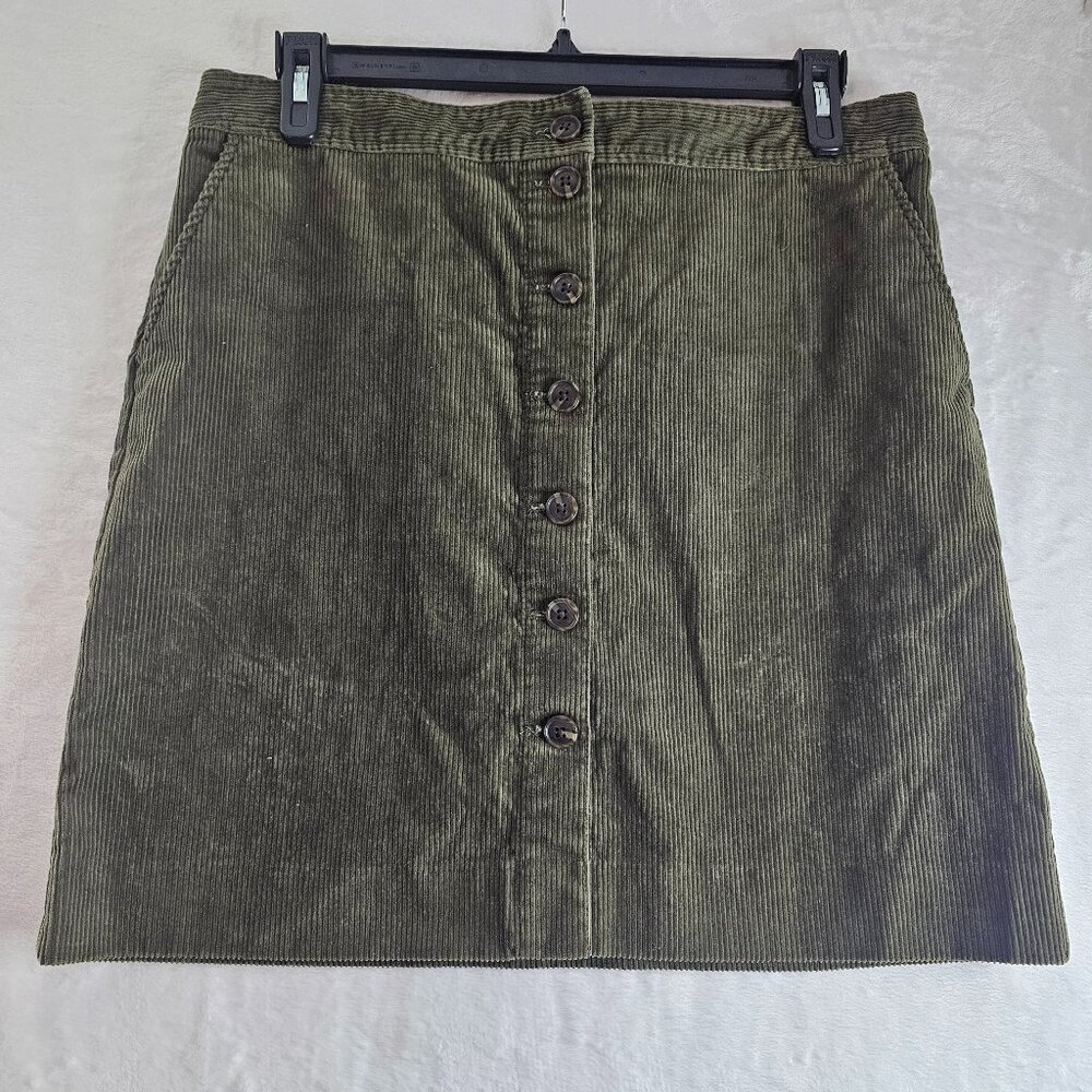 Talbots Olive Green Mini Skirt Size 14 Petite Button Front Cotton Blend Pockets